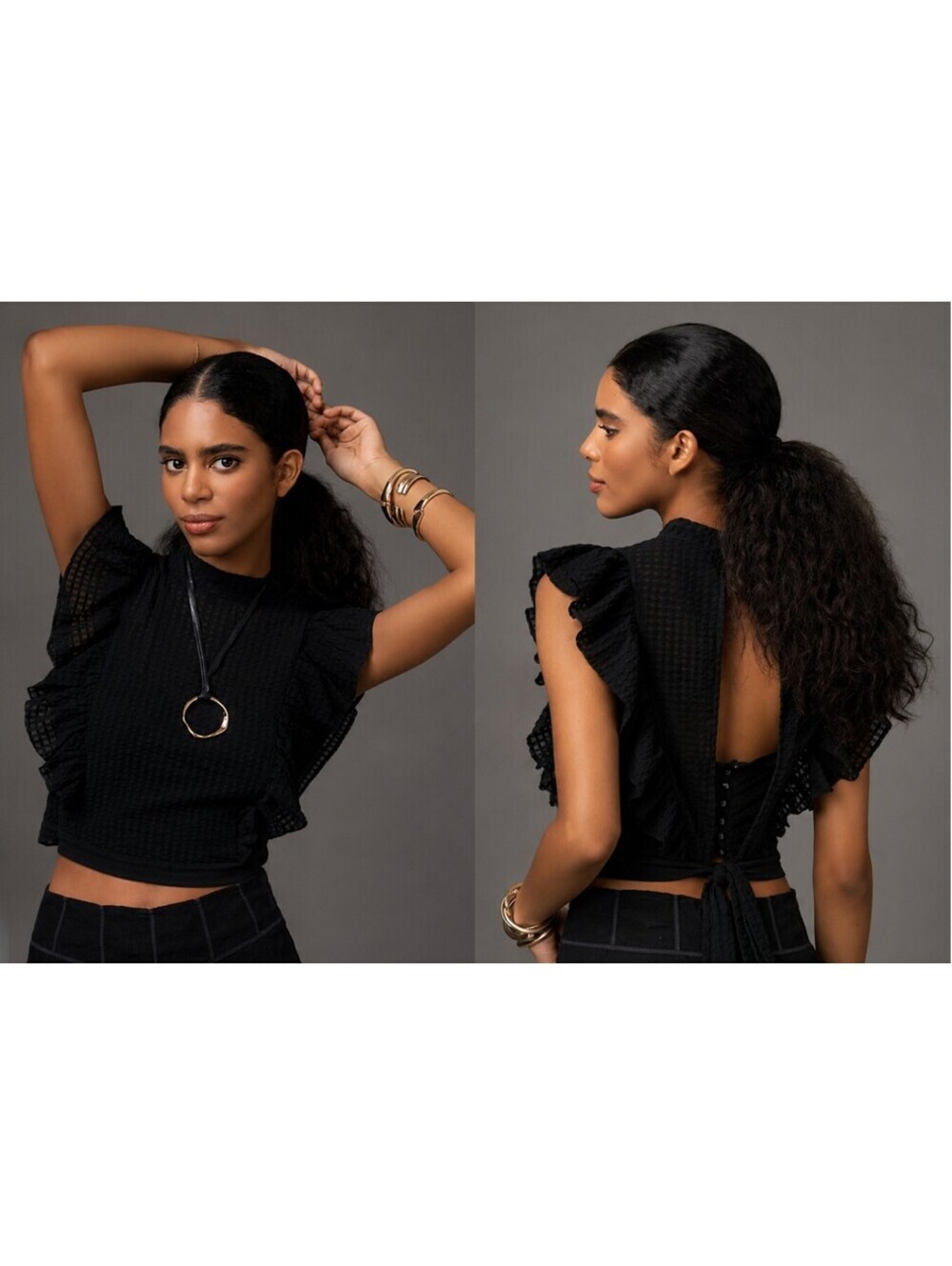 Maeve Anthropologie Black Open Back Ruffle Mesh Crop Top Large